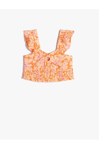 Koton Leinen-Crop-Bluse, ärmellos, mit floralem Gipe-Detail