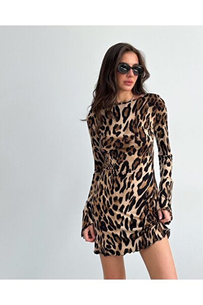 Viyamo Yeni Sezon Kadın Uzun Kollu Leopar Desenli Mini Elbise