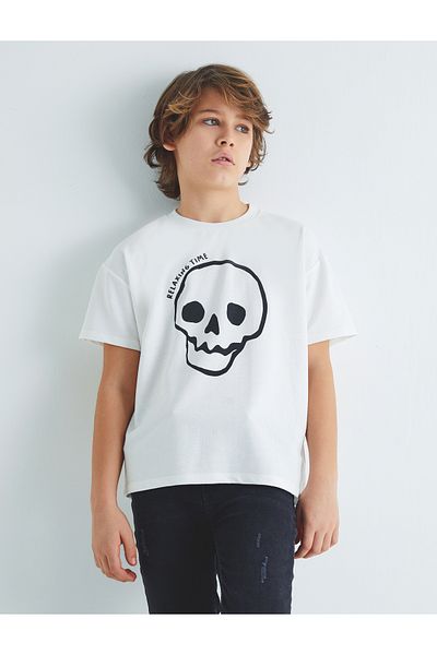 Koton T-Shirt Skull εμπριμέ με κοντό μανίκι, βαμβακερή λαιμόκοψη