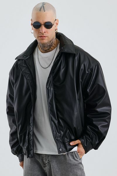 MADZEYMODA Мъжко черно първокласно ватирано яке Oversize - с подплата, дебела кожа Mz58538