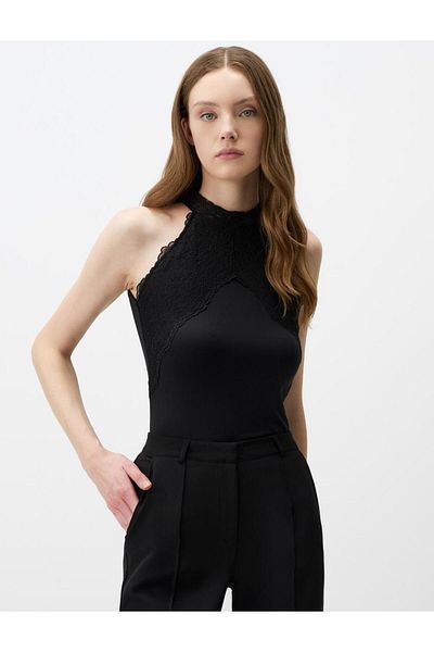Jimmy Key Black Turtleneck Lace Detailed Slim Fit Knitted Blouse