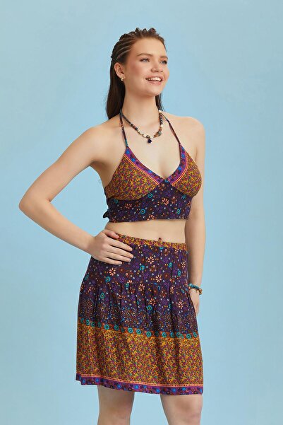 Los banditos Fustă mini boemă din țesătură apoasă florală cu talie elastică