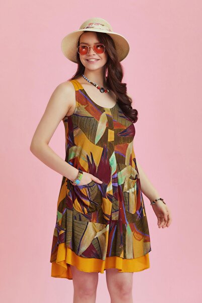 Los banditos Sleeveless Khaki Print Summer Dress with Front Pockets