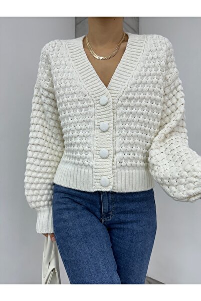 Modamorfo Embossed Knitted Buttoned Sweater Cardigan - Ecru