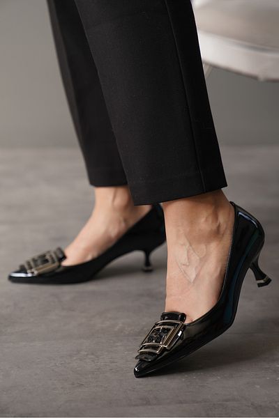 Lizzu Piele Lacuita Neagra - Pantofi de dama Lycarb cu toc mic