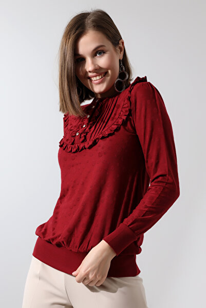 Şiir Negro Kadın Hakim Yaka Fırfır Detay Nervürlü Düğmeli Örme Jakar Penye Uzunkol Bluz & Tesettür Bluz