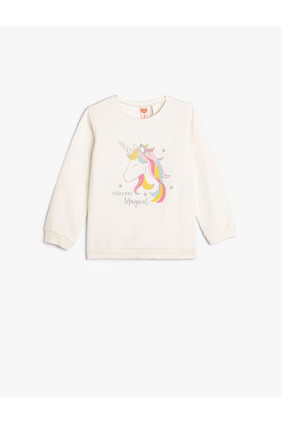 Koton Unicorn Patterned Cotton Glitter Sweatshirt - Long Sleeve, Crew Neck