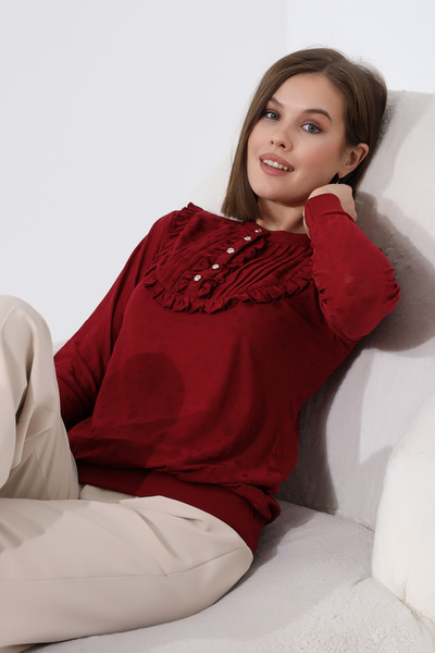 Şiir Negro Women's Long Sleeve Blouse - Prevailing Collar, Ruffle Detail, Ribbed Button, Knitted Jacquard Combed Cotton