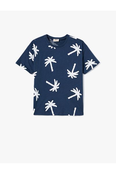 Koton Tricou din bumbac, cu mânecă scurtă, cu decolteu rotund, cu imprimeu cu palme