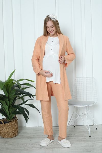 ERDENİZ TEKSTİL Long Sleeve Button Collar Maternity-Maternity Pajamas Set with Dressing Gowns Set of 3