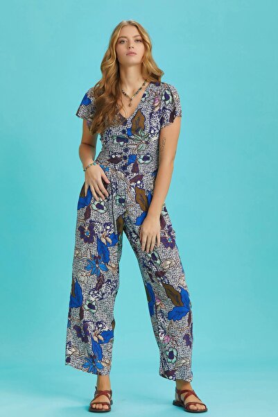 Los banditos Salopetă boemă cu jumătate de mânecă cu imprimeu albastru