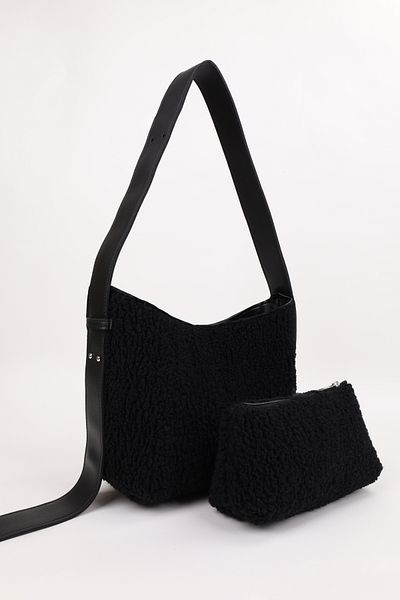 NOTHING Women's Black Plush Makeup Bag 3-Stage Design Adjustable Strap Hand, Shoulder and Crossbody Bag