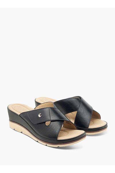 Le Confort Slip-On Lazer Cut Cross Strap Sandals with Wedge Heels