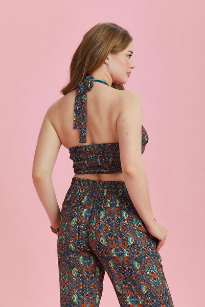 Los banditos Boyundan Bağlamalı Etnik Desenli Büyük Beden Crop Bluz