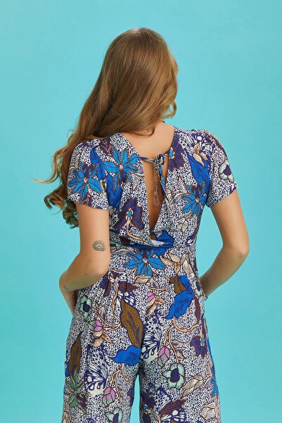 Los banditos Salopetă boemă cu jumătate de mânecă cu imprimeu albastru