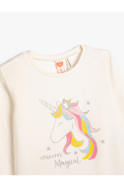 Koton Unicorn Patterned Cotton Glitter Sweatshirt - Long Sleeve, Crew Neck