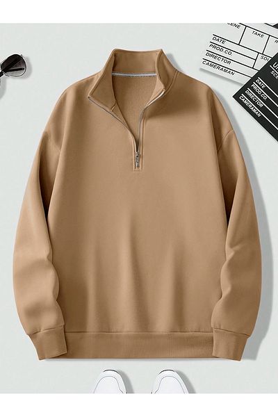Know Unisex 3 Thread Mink Metal Zippered Stand Collar Oversize Sweatshirt