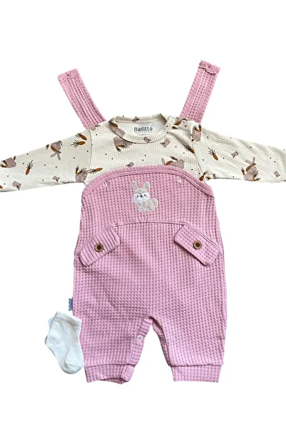 NAFİTTO Rabbit Embroidered Baby Girl Jumpsuit