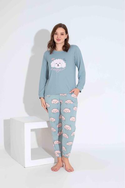 Tarık Women's Mother Girl Thermal Long Sleeve Crew Neck Blue Dog Embroidered Pajamas Set