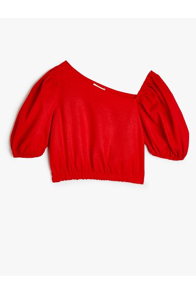 Koton Crop Linen Blouse Balloon Sleeve Asymmetric Collar