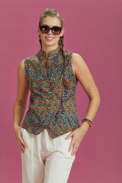 Los banditos Bohemian Style Cross Buttoned Ethnic Patterned Blouse