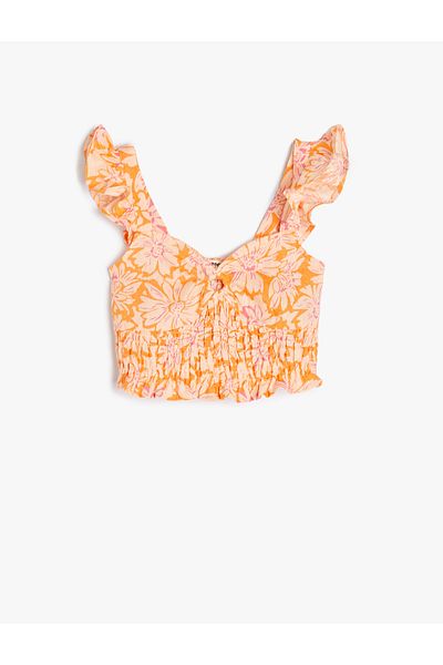 Koton Bluză crop de in, fără mâneci, cu detaliu floral