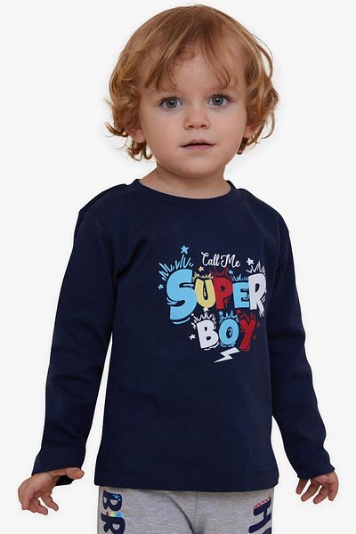 Breeze Boy's Long Sleeve T-Shirt with Text Printing, Age 1-4, Navy Blue