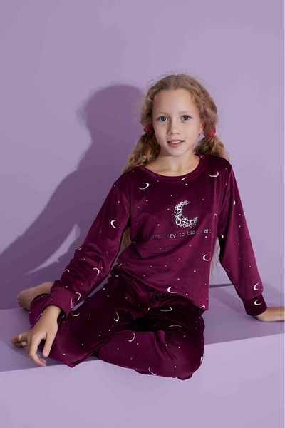Tarık Women's Mother Girl Velvet Long Sleeve Crew Neck Purple Moon Star Pattern Pajamas Set