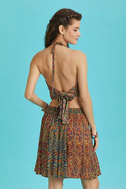 Los banditos Şal Desen Parça Dikişli Bohem Mini Etek