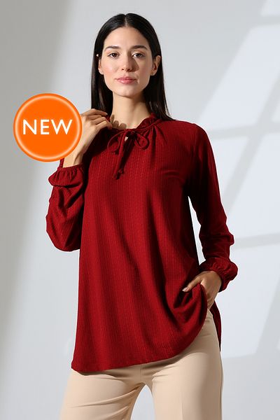Şiir Elista Burgundy Ruffle Drop Collar Shirred Jacquard μακρυμάνικη γυναικεία μπλούζα & χιτζάμπ