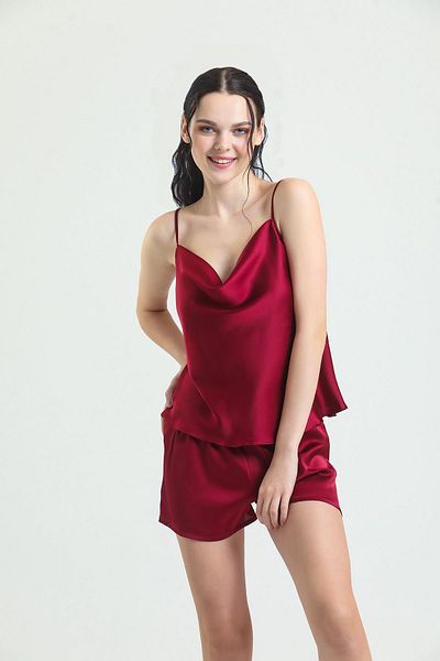Magic Form 16790 Women's Scoop Neck Crepe Satin Rope Strap Shorts Set - burgundy