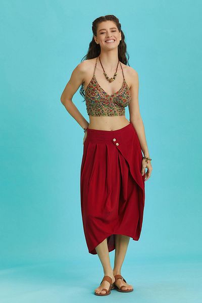 Los banditos Relaxed Cut Wide Pleated Red Wrap Midi Skirt