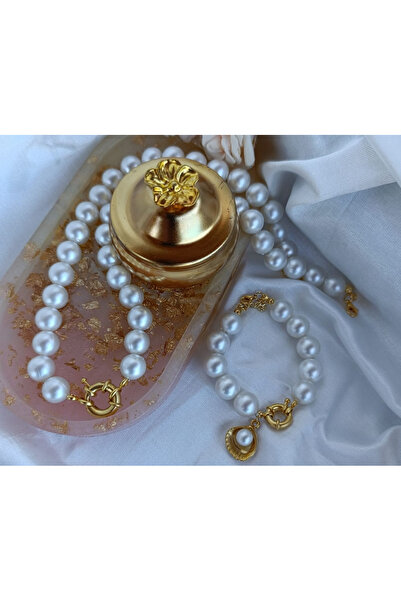 İnci Mode Altın Kaplama Dümen Kapama Altın Takmalık İncili Tasarım Kolye Bileklik Set 10mm