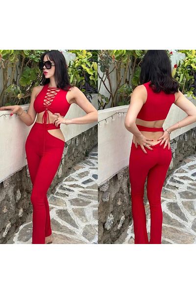 Miss Breast Piping Blouse Pants Set