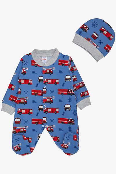 Breeze Baby Boy Overalls with Booties Fire Truck Pattern 0-6 Months, Indigo