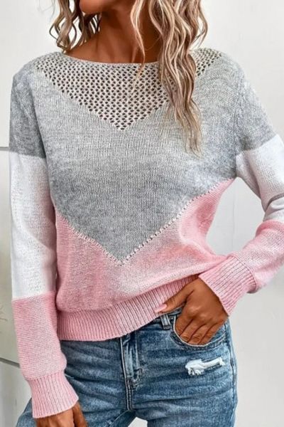 Lucax Pulover de damă cu mânecă lungă cu modele multicolore - Pulover roz