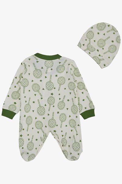 Breeze Baby Boy Booties Jumpsuit Sports Themed Racket Pattern 0-6 Months, Ecru