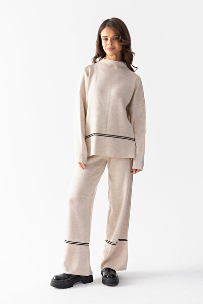 TUBA SÖZEN BUTİK Çizgi Detaylı Geniş Paçalı Kadın Triko Takım - Standart Beden