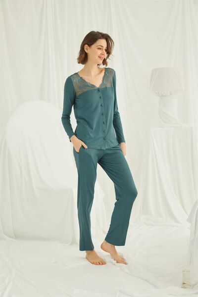 MONAMİSE 19307 Set de pijamale pentru femei cu mâneci lungi, cu dantelă la gâ...