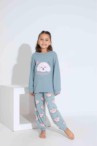 Tarık Women's Mother Girl Thermal Long Sleeve Crew Neck Blue Dog Embroidered Pajamas Set