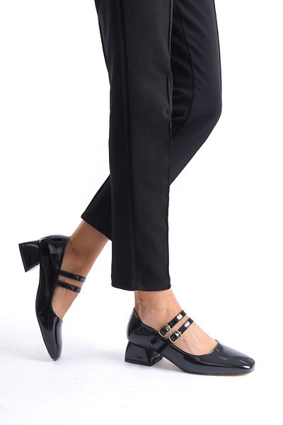 by onbaşı Mary Jane Black Patent Leather - Double Helmet, Short Block Heel, Closed Square Toe Casual Women's Shoes