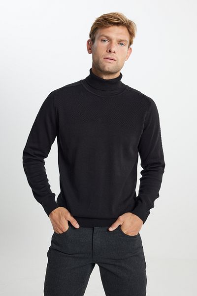 ALTINYILDIZ CLASSICS Pulover pentru bărbați, bumbac negru, cu croială standard, cu croială obișnuită, cu gât complet, jacquard