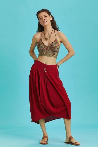 Los banditos Relaxed Cut Wide Pleated Red Wrap Midi Skirt