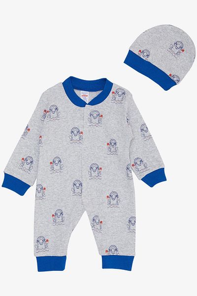 Breeze Baby Boy Jumpsuit Summer Themed Crazy Shark Pattern 0-6 Months, Light Gray Melange