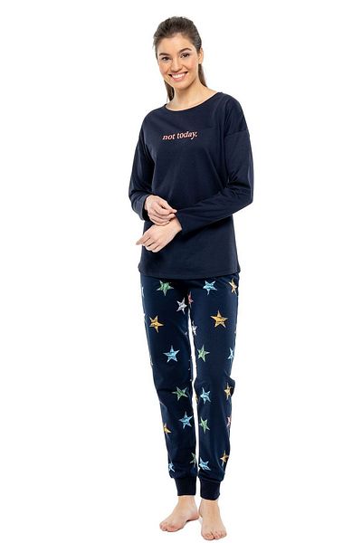 Mod Collection 3994 Women's Navy Blue Round Collar Long Sleeve Pajama Set - Navy Blue