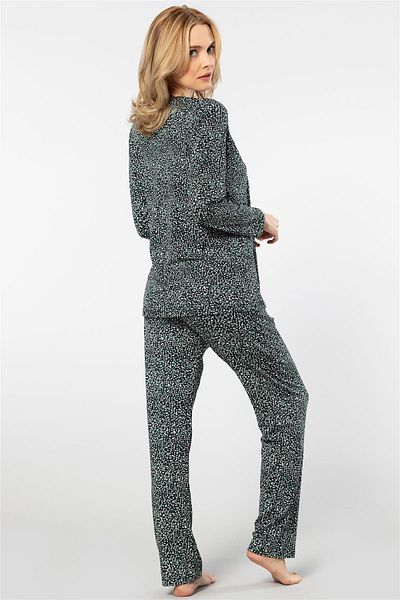 TÜREN 3382 Women's Floral Long Sleeve Placket Pajamas Set-Green