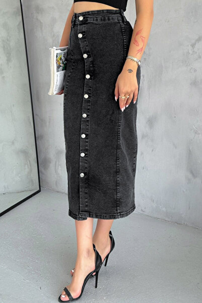 MissThetis Yüksek Bel Önü Düğmeli Likralı Yıkamalı Şık ve Cool Uzun Jean Kot ...