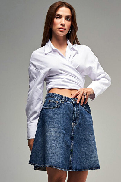 MissThetis Yüksek Bel Yıkamalı Fermuarlı 5 Cepli Rahat Likrasız Şık ve Cool Diz Üstü Jean Kot Etek