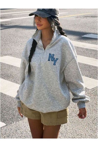 MOONBULL Women's Ny Left Chest Printed Half Zipper Stand Collar Oversize Sweatshirt