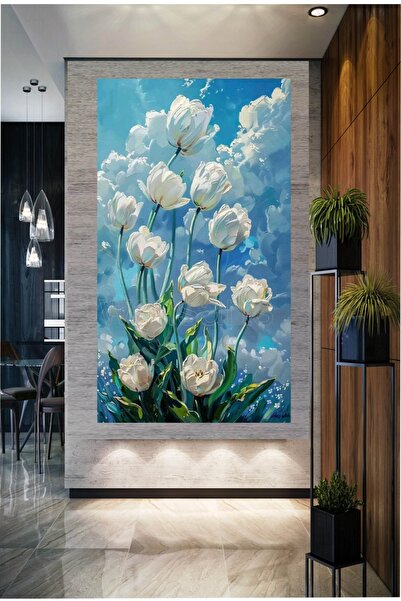 KanvasSepeti Flori albe moderne abstracte, pictură în ulei cu flori, texturat...